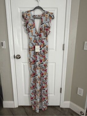 REVOLVE Light Blue Floral Ruffle V-Neck Wide-Leg Jumpsuit